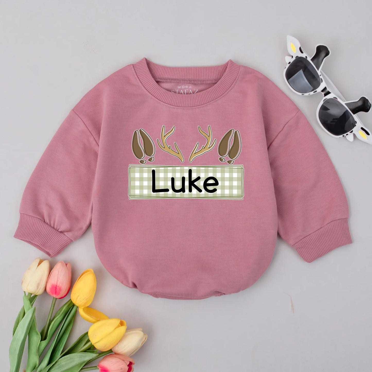 Personalized Deer Antler Bubble Romper Custom Name Fall Baby Boy Clothes Newborn Infant Woodland Shower Gift Neutral Rustic