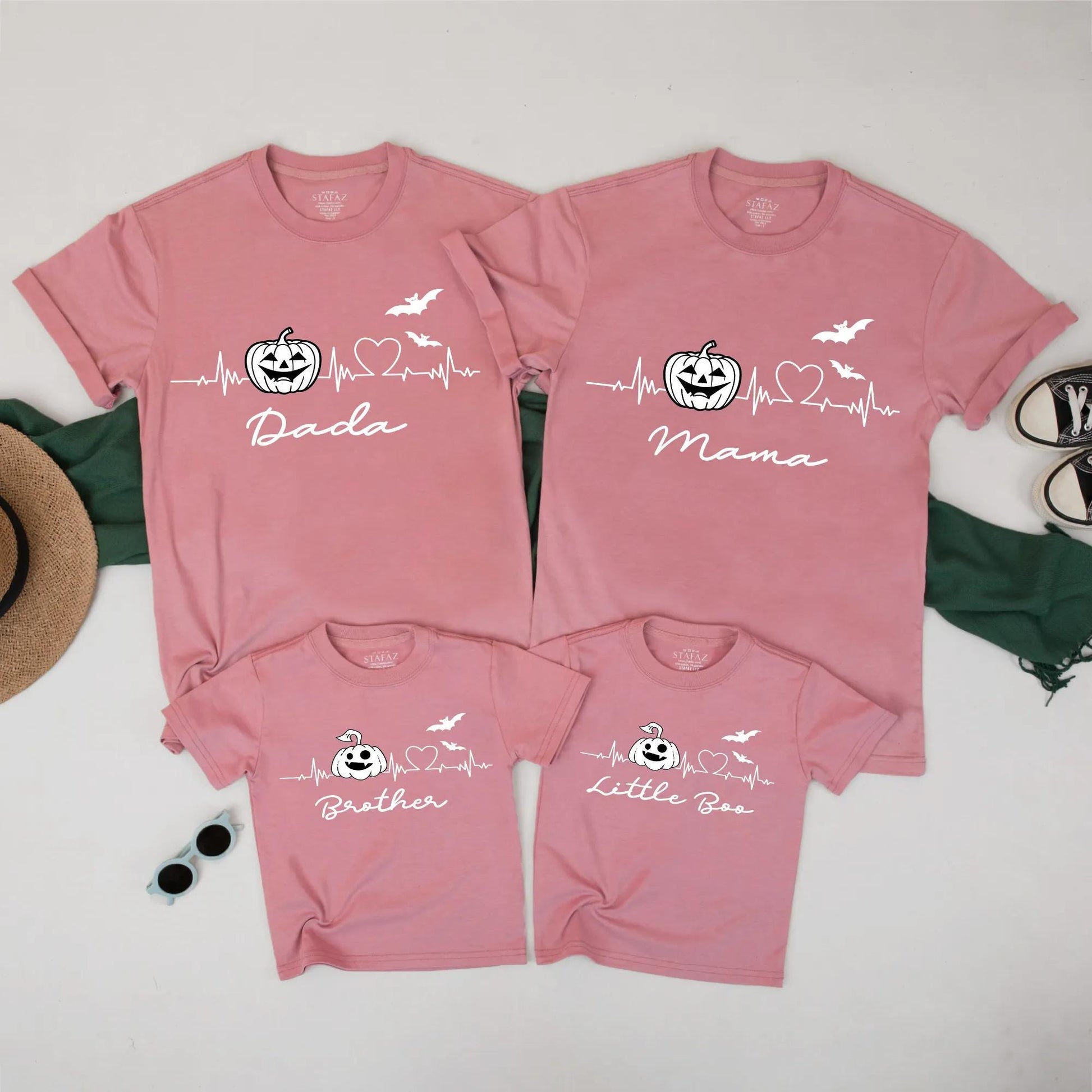 Halloween Heartbeat Family Shirts - Matching Dada Mama Little Boo Pumpkin Bat Tees - Spooky Season Ghost Fall Outfit Set 130-140 Characters