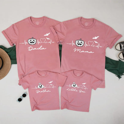 Halloween Heartbeat Family Shirts - Matching Dada Mama Little Boo Pumpkin Bat Tees - Spooky Season Ghost Fall Outfit Set 130-140 Characters