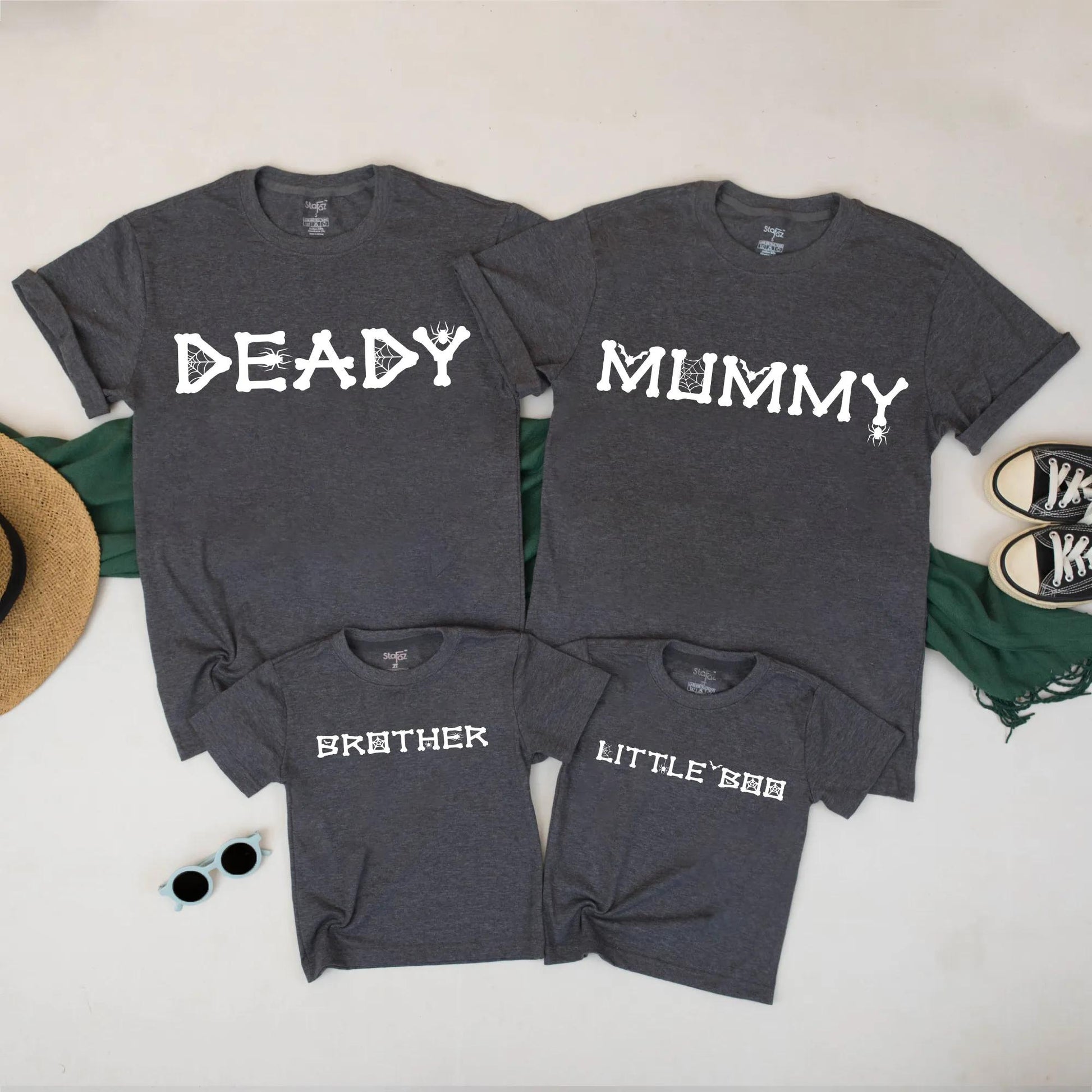 Mummy & Deady Matching Halloween Shirts: Spooky Family Outfits – Little Boo & Brother Tees with Spider Web Font, Creepy Cute Fall T-Shirt Set (138 chars)