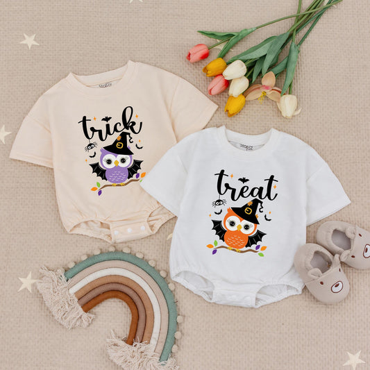 Twin Girls Owl Pumpkin Halloween Baby Romper Cute Trick or Treat Bubble Bodysuit for Baby Girls