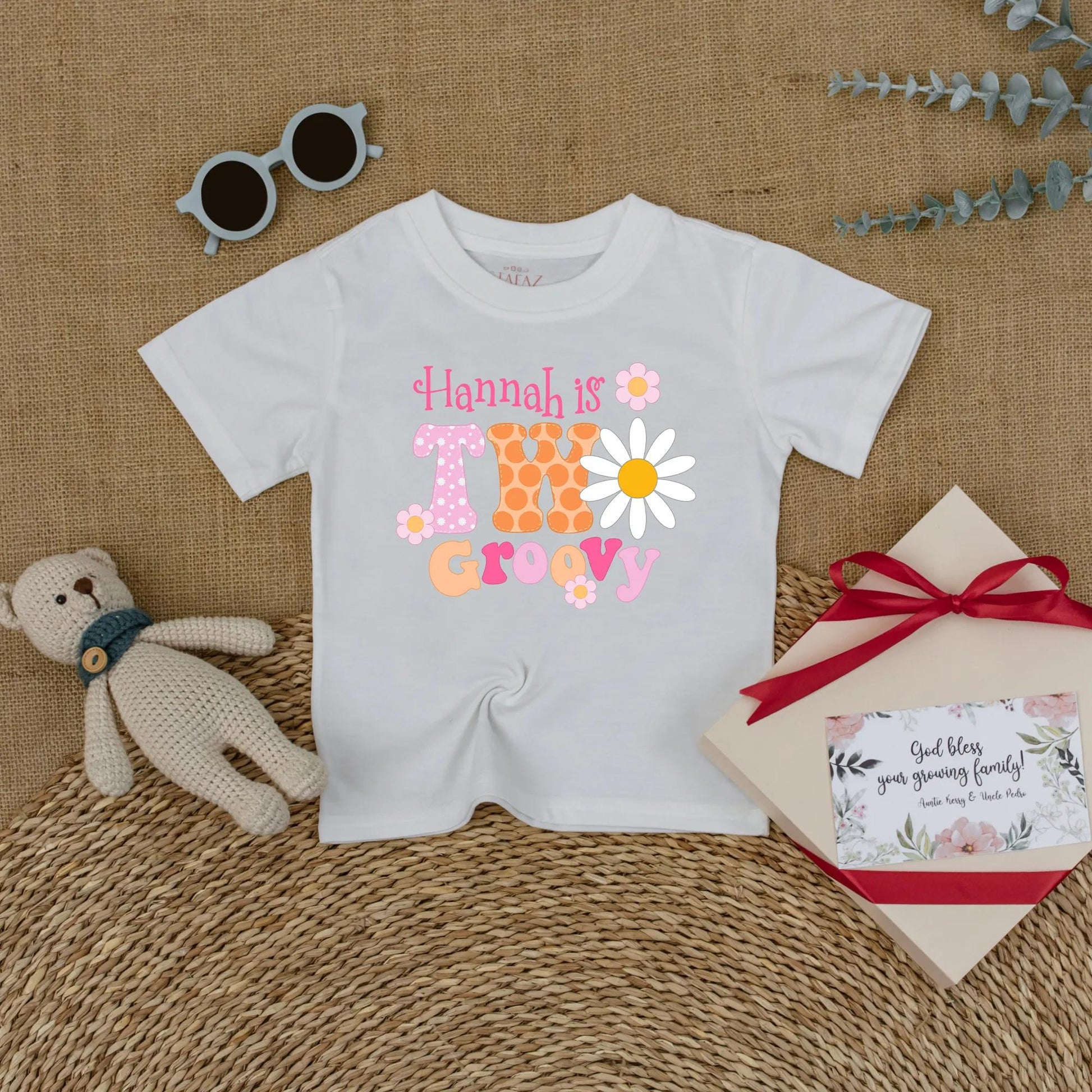 Personalized Two Groovy Second Birthday Shirt for Baby Girl Custom Name Boho Daisy Flower Vintage Pink Orange Polka Dot Party Outfit