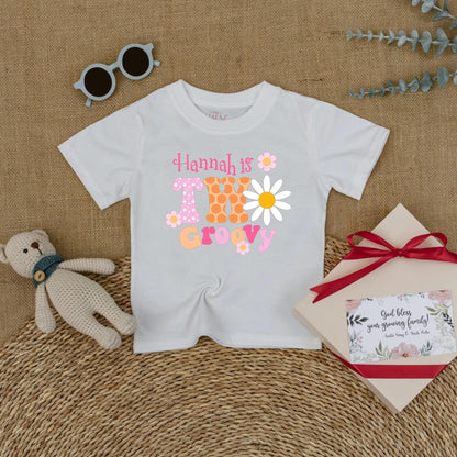 Personalized Two Groovy Second Birthday Shirt for Baby Girl Custom Name Boho Daisy Flower Vintage Pink Orange Polka Dot Party Outfit