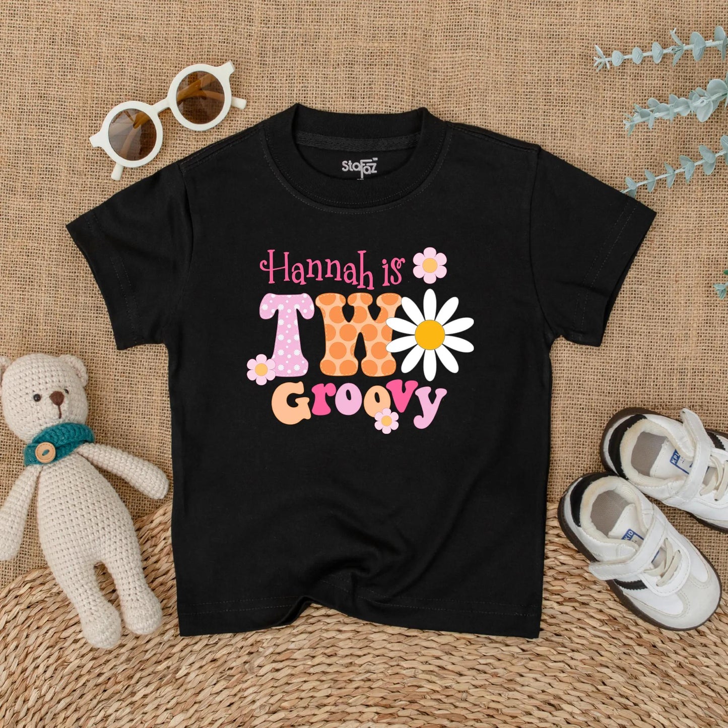 Personalized Two Groovy Second Birthday Shirt for Baby Girl Custom Name Boho Daisy Flower Vintage Pink Orange Polka Dot Party Outfit