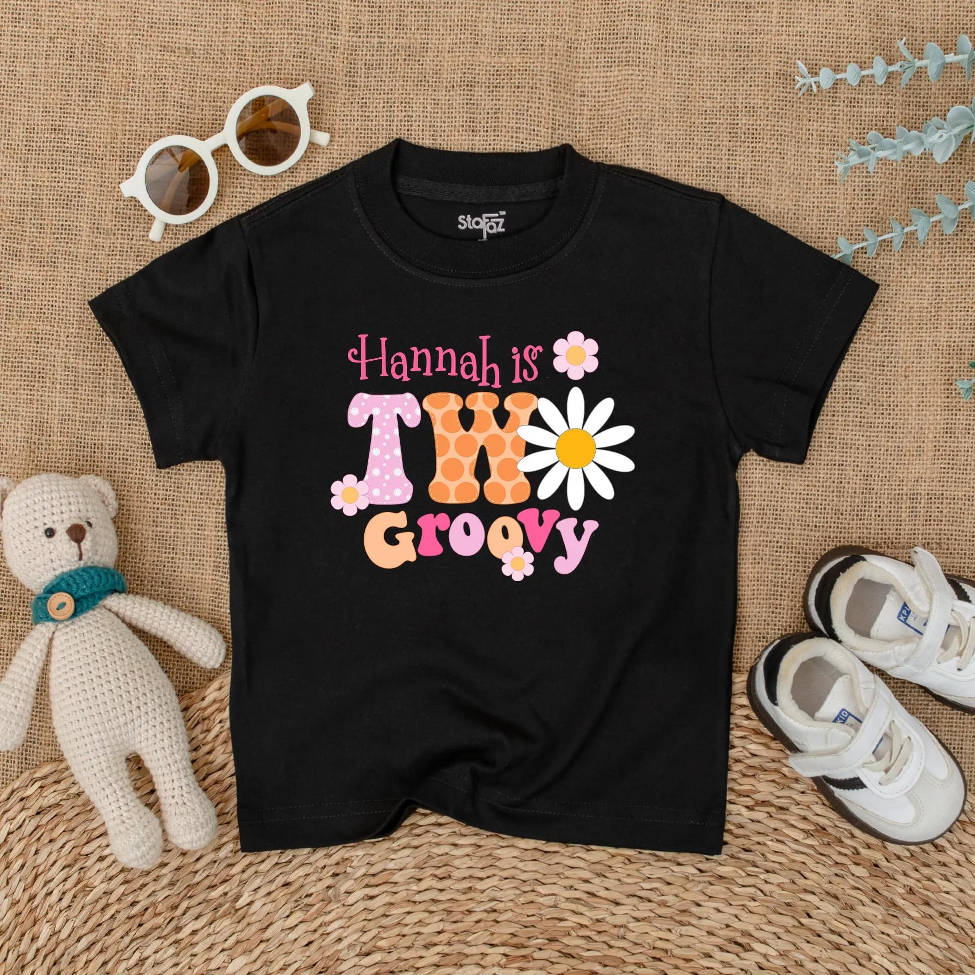 Personalized Two Groovy Second Birthday Shirt for Baby Girl Custom Name Boho Daisy Flower Vintage Pink Orange Polka Dot Party Outfit