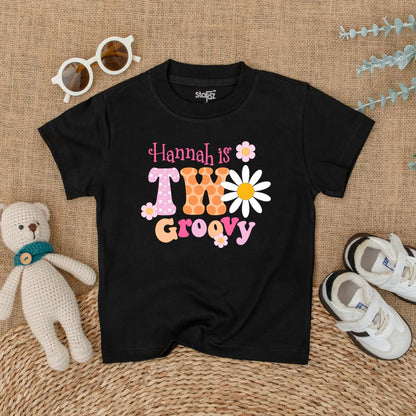 Personalized Two Groovy Second Birthday Shirt for Baby Girl Custom Name Boho Daisy Flower Vintage Pink Orange Polka Dot Party Outfit