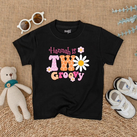 Personalized Two Groovy Second Birthday Shirt for Baby Girl Custom Name Boho Daisy Flower Vintage Pink Orange Polka Dot Party Outfit