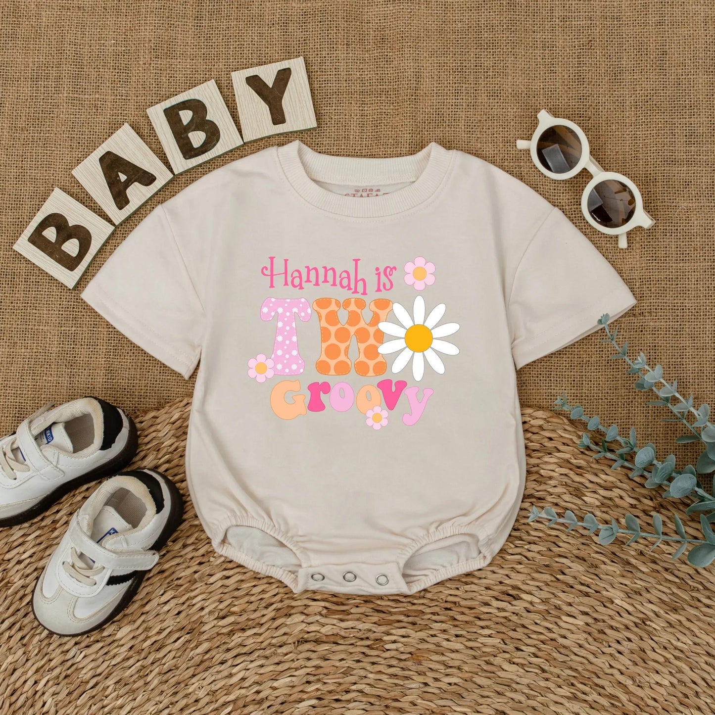 Personalized Two Groovy Second Birthday Shirt for Baby Girl Custom Name Boho Daisy Flower Vintage Pink Orange Polka Dot Party Outfit