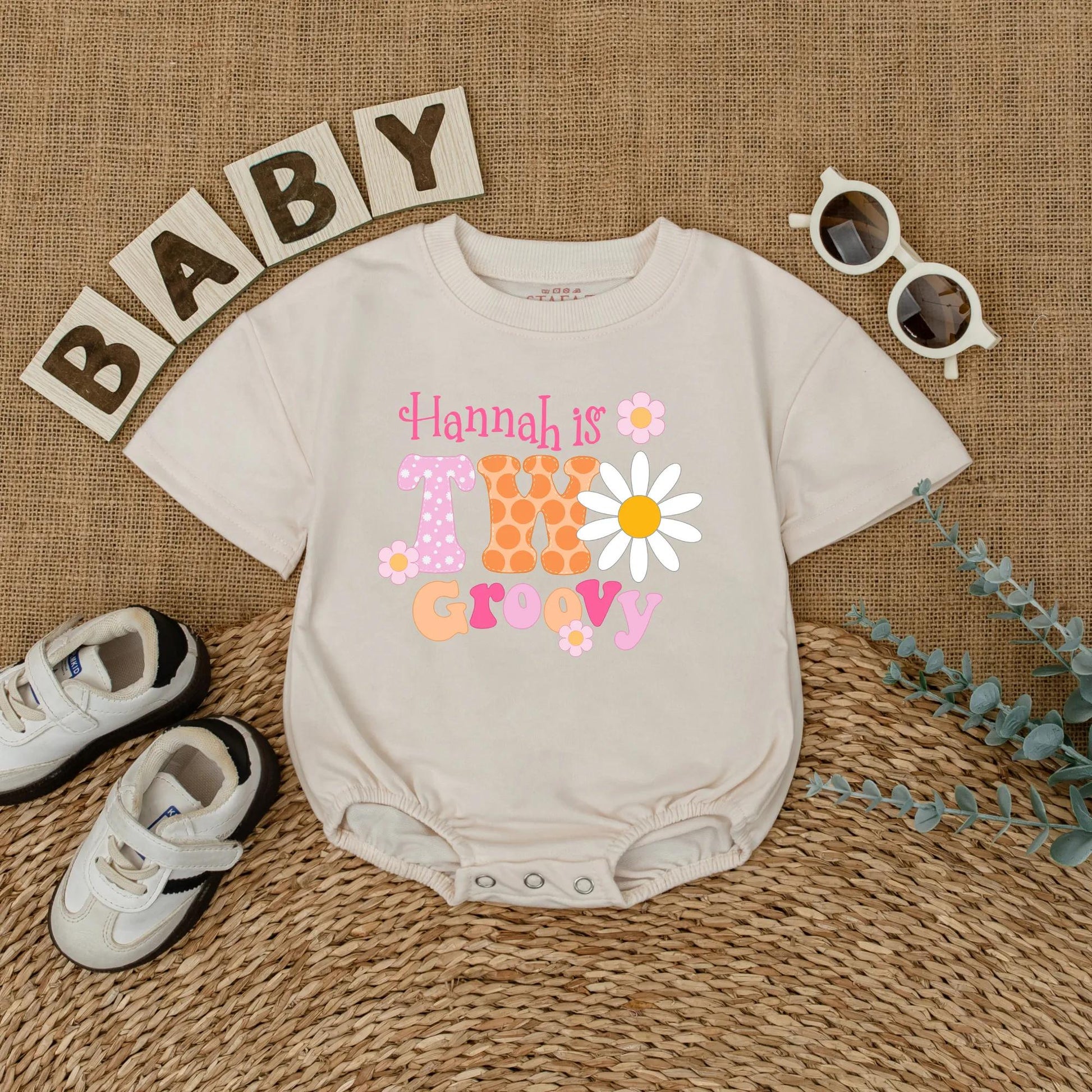 Personalized Two Groovy Second Birthday Shirt for Baby Girl Custom Name Boho Daisy Flower Vintage Pink Orange Polka Dot Party Outfit