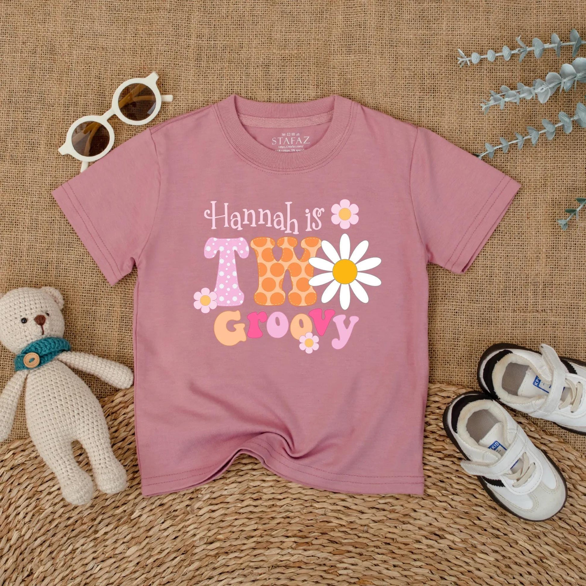 Personalized Two Groovy Second Birthday Shirt for Baby Girl Custom Name Boho Daisy Flower Vintage Pink Orange Polka Dot Party Outfit