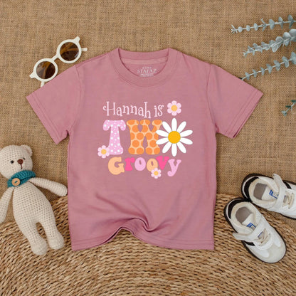 Personalized Two Groovy Second Birthday Shirt for Baby Girl Custom Name Boho Daisy Flower Vintage Pink Orange Polka Dot Party Outfit