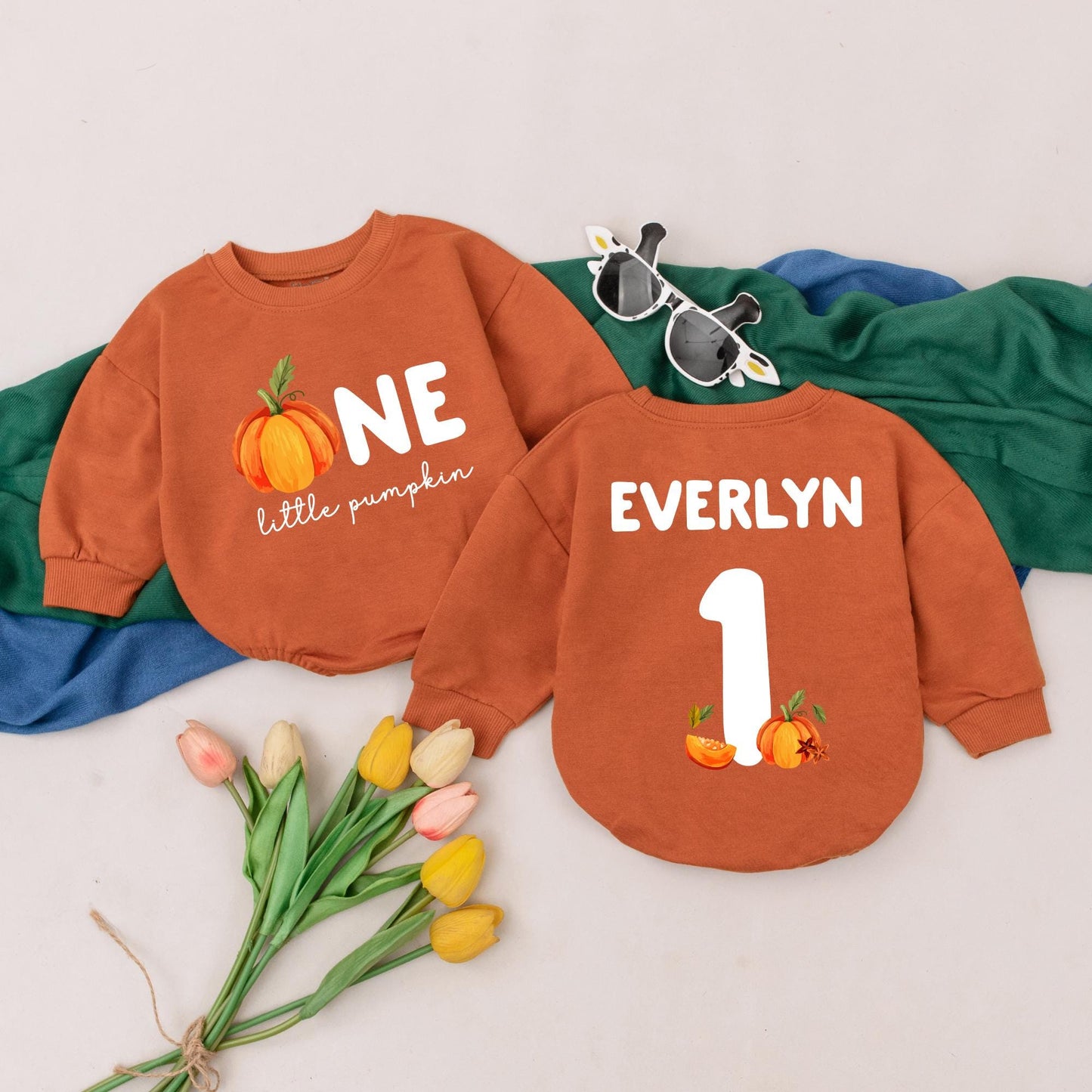 Personalized Little Pumpkin 1st Birthday Romper Set, Everlyn One Thanksgiving Outfit, Custom Name Fall Baby Clothes, Autumn Shower Gift (138 chars)