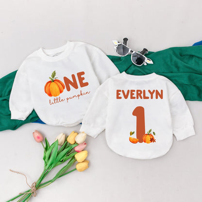 Personalized Little Pumpkin 1st Birthday Romper Set, Everlyn One Thanksgiving Outfit, Custom Name Fall Baby Clothes, Autumn Shower Gift (138 chars)