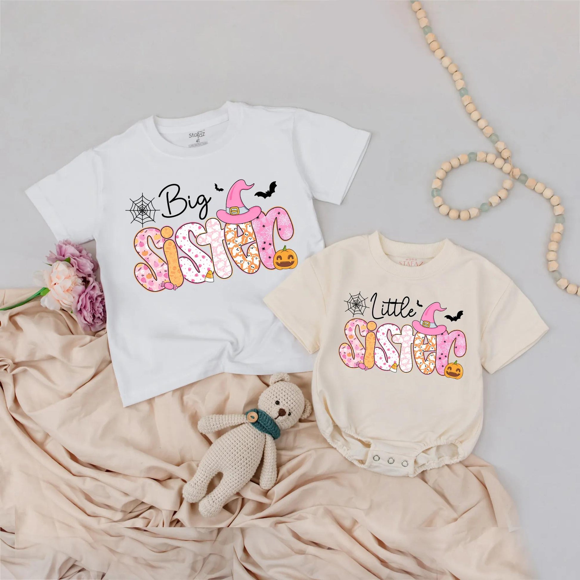 Matching Halloween Sister Shirts: Pastel Candy Corn, Ghost, and Pumpkin Design! Big or Little Sister Outfit, Cute Fall Baby Girl Clothes, Halloween Costume (139)