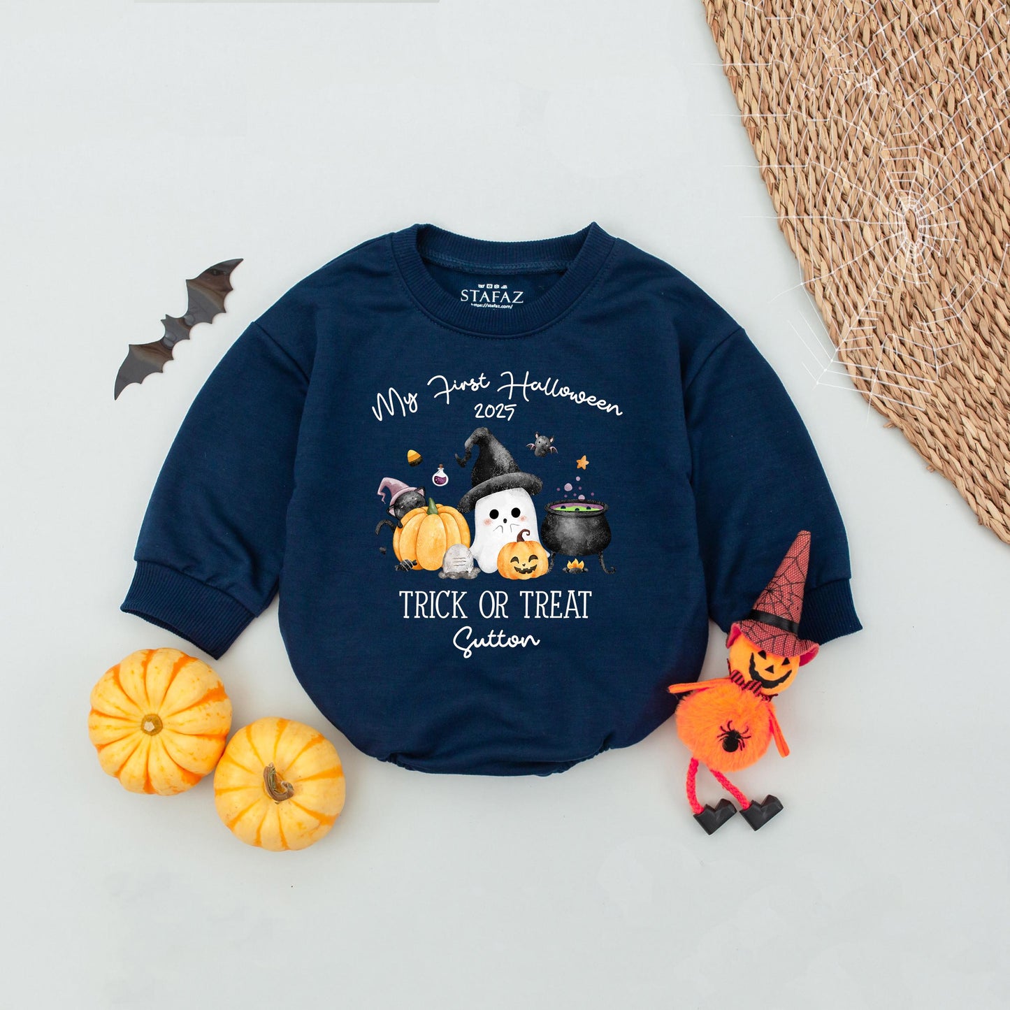 My First Halloween 2025 Baby Romper with Custom Name Trick or Treat Ghost Pumpkin Design Cute Orange Green Black White Infant Outfit