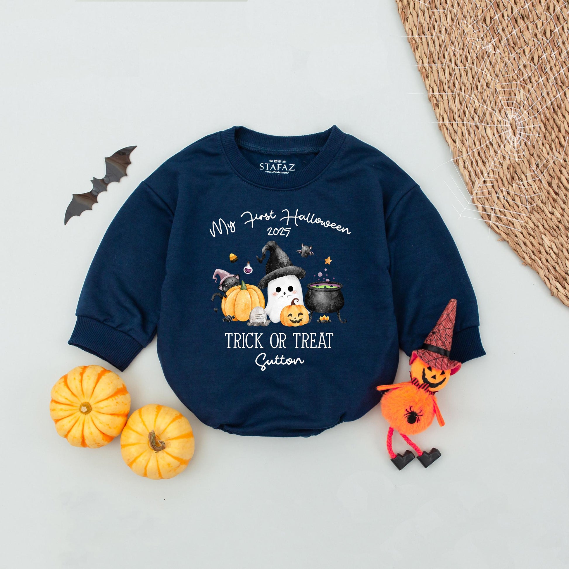 My First Halloween 2025 Baby Romper with Custom Name Trick or Treat Ghost Pumpkin Design Cute Orange Green Black White Infant Outfit