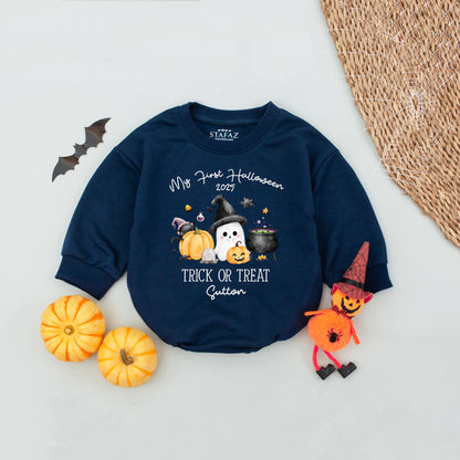 My First Halloween 2025 Baby Romper with Custom Name Trick or Treat Ghost Pumpkin Design Cute Orange Green Black White Infant Outfit