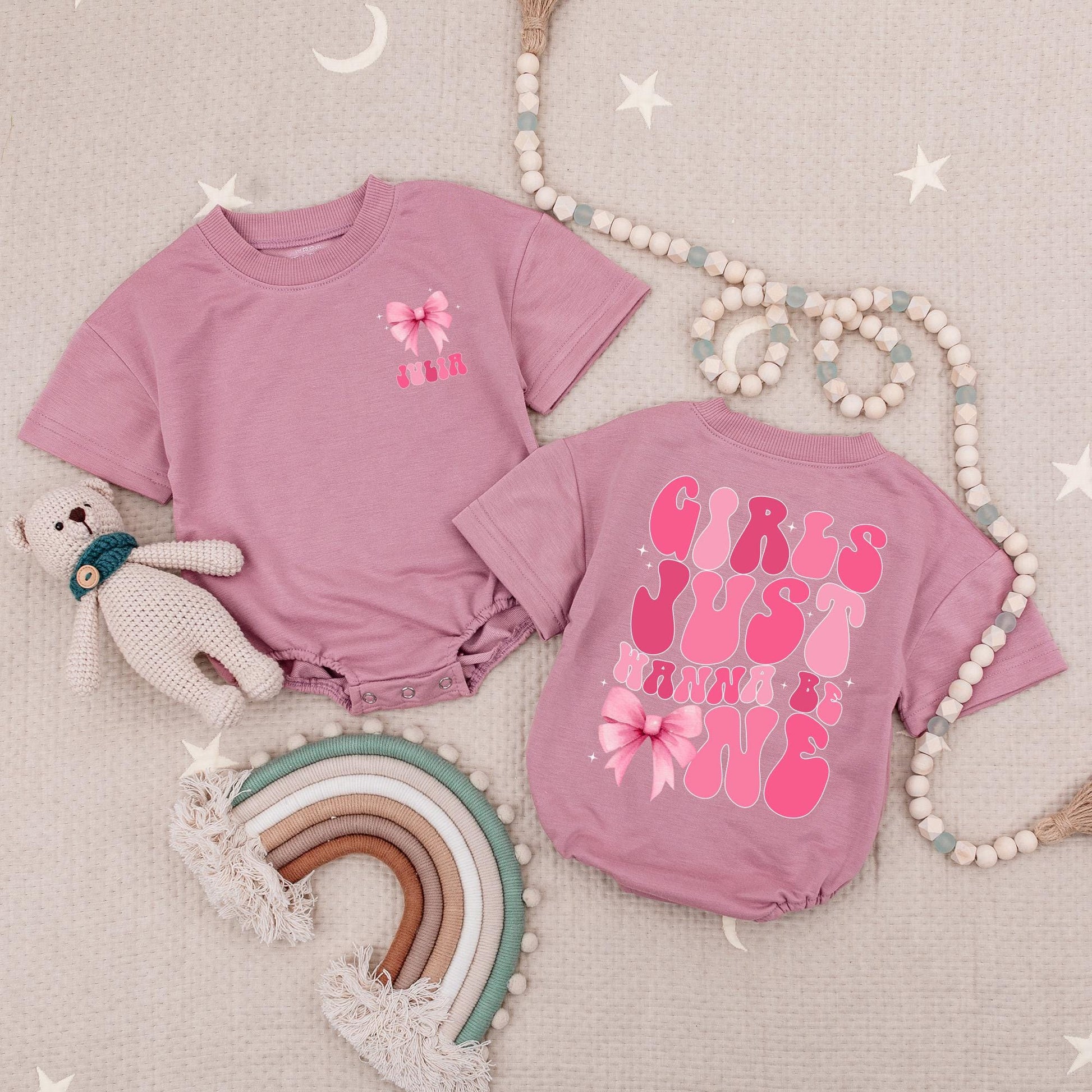 Custom Name Girls Just Wanna Be One Baby Romper Pink Bow First Birthday Party Bubble Outfit