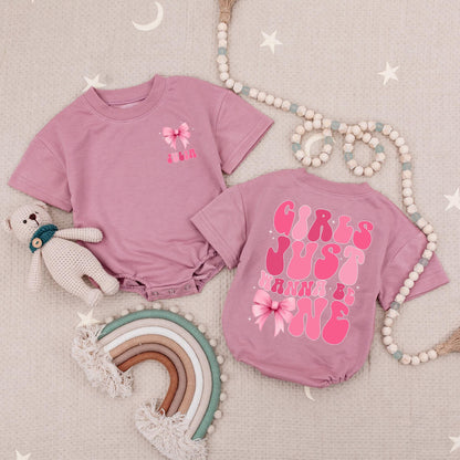 Custom Name Girls Just Wanna Be One Baby Romper Pink Bow First Birthday Party Bubble Outfit