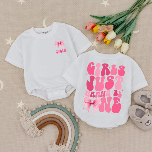 Custom Name Girls Just Wanna Be One Baby Romper Pink Bow First Birthday Party Bubble Outfit