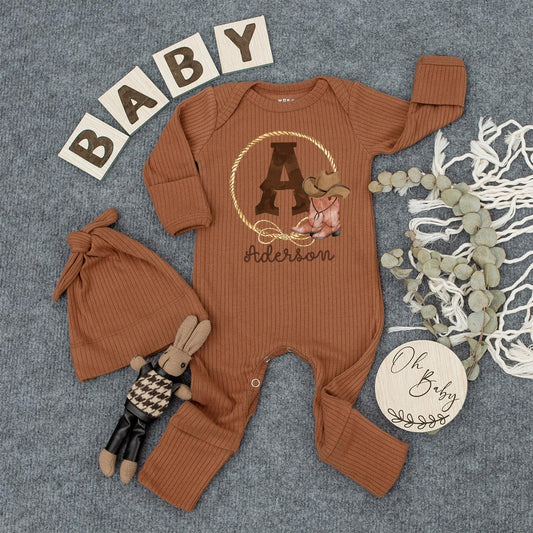 Aderson Western Cowboy Baby Romper with Initial A Golden Rope Lasso Boots Hat Long Sleeve Ribbed Newborn Outfit Gift Idea Rustic Personalized