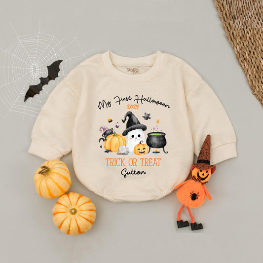 My First Halloween 2025 Baby Romper with Custom Name Trick or Treat Ghost Pumpkin Design Cute Orange Green Black White Infant Outfit