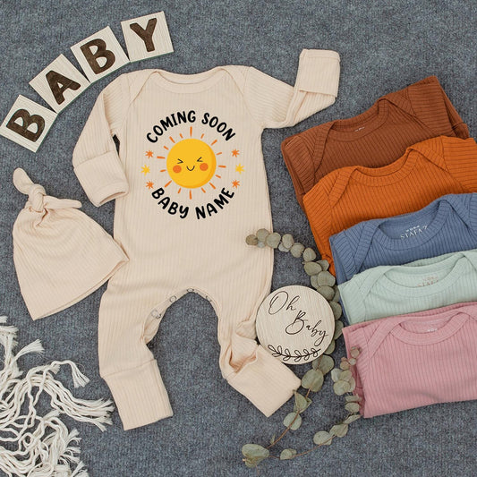 Custom Baby Name Coming Soon Bodysuit, Smiling Sun Newborn Outfit with Yellow Stars, Cute Gender Neutral Baby Shower Gift Clothes, Modern Baby Tee (136 chars)