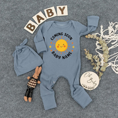 Custom Baby Name Coming Soon Bodysuit, Smiling Sun Newborn Outfit with Yellow Stars, Cute Gender Neutral Baby Shower Gift Clothes, Modern Baby Tee (136 chars)