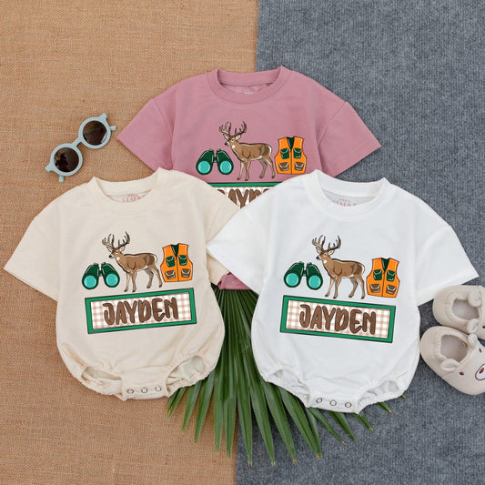 Personalized Buck Hunting Bubble Romper Baby Boy Deer Outfit Hunting Buddy Sweatshirt Newborn Outdoors Summer Clothes