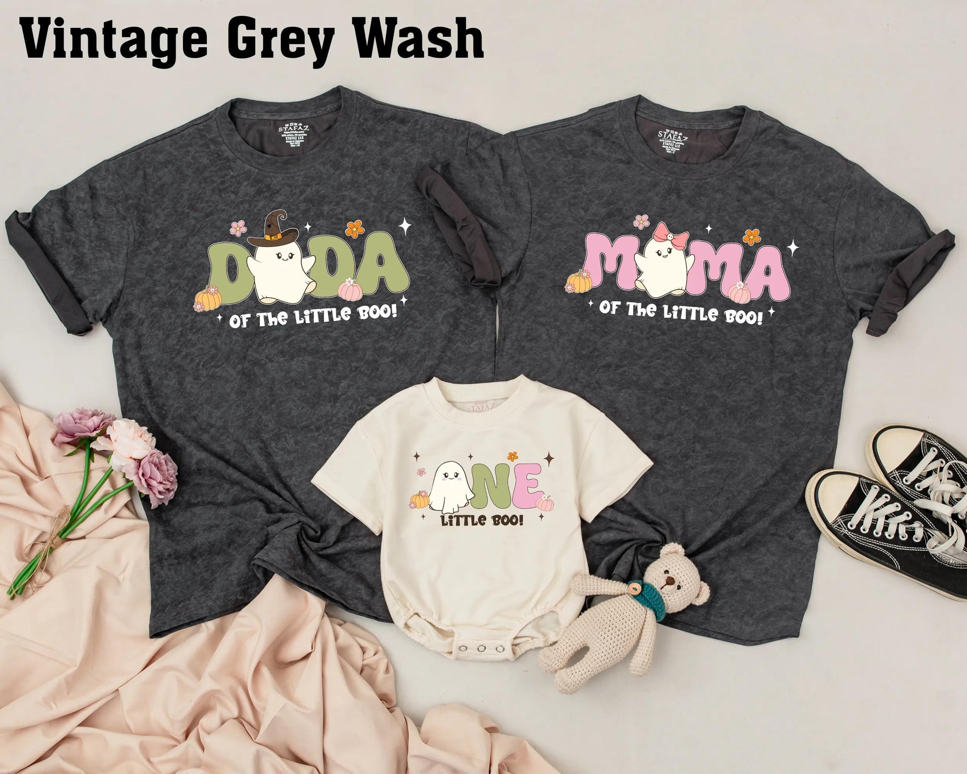 Spooky Little Boo One Birthday Matching Family Shirts Vintage Pastel Ghost Halloween Costume Baby Girl Boy Outfit