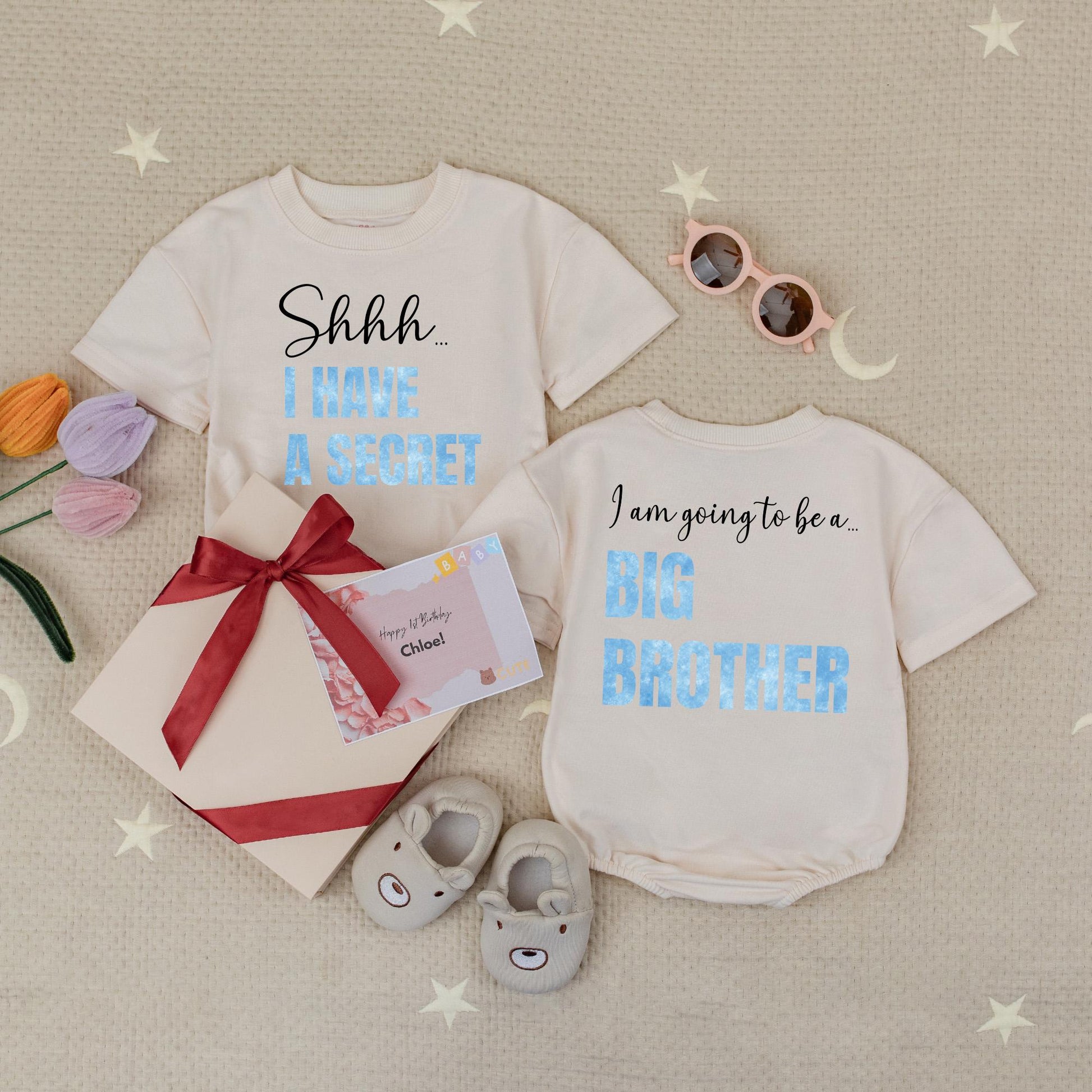 Shhh I Have A Secret Big Brother Announcement Bubble Romper Promoted To Big Brother Typography Design Black Script Light Blue Letters Modern Cute Babysuit