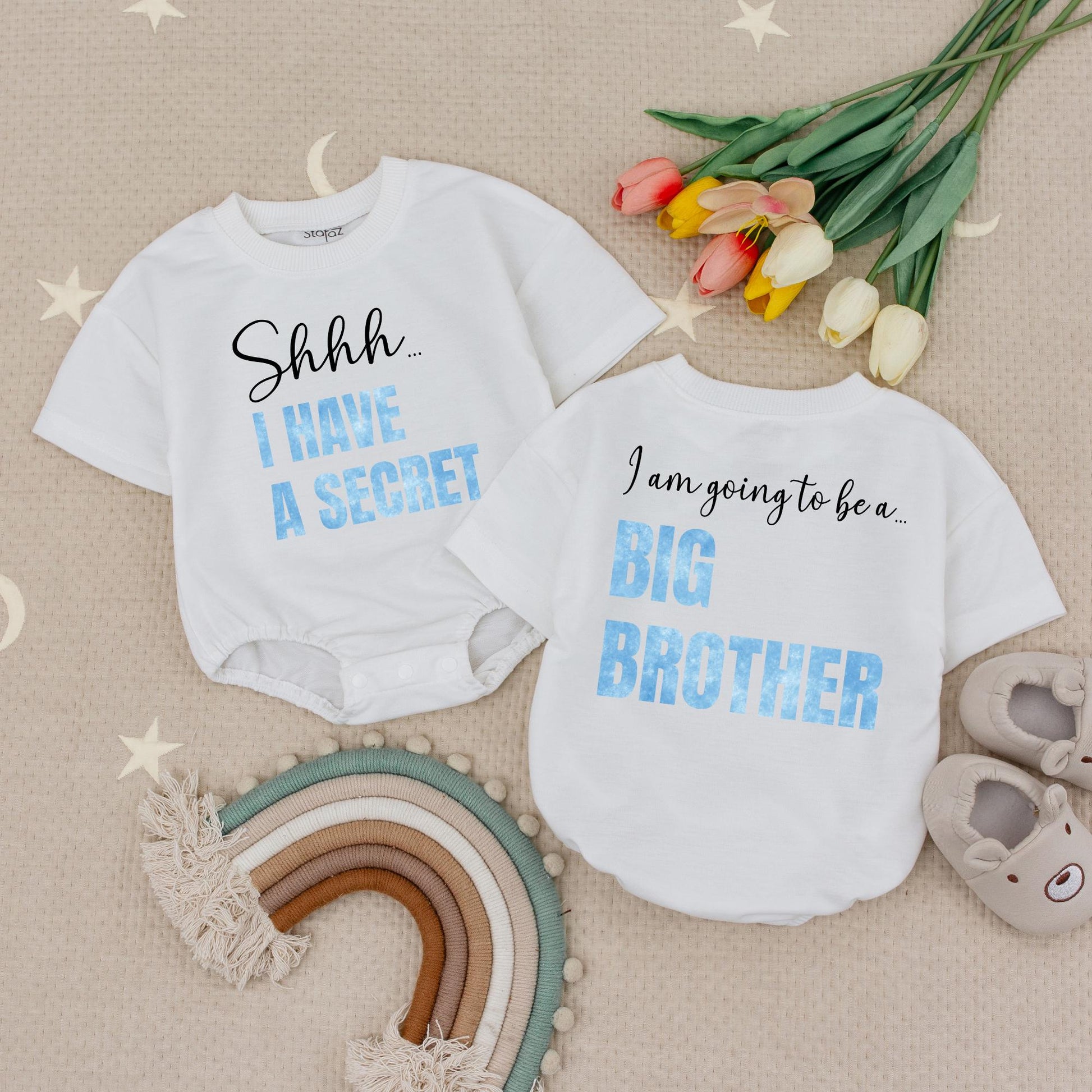 Shhh I Have A Secret Big Brother Announcement Bubble Romper Promoted To Big Brother Typography Design Black Script Light Blue Letters Modern Cute Babysuit