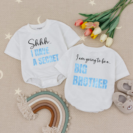 Shhh I Have A Secret Big Brother Announcement Bubble Romper Promoted To Big Brother Typography Design Black Script Light Blue Letters Modern Cute Babysuit
