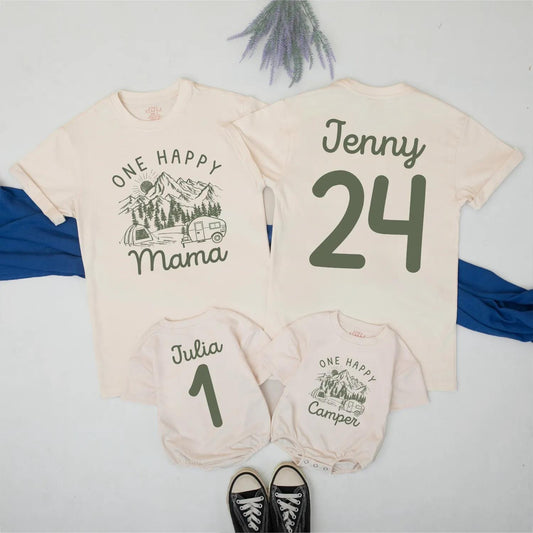 One Happy Camper Birthday Shirt & Romper for Family Camping Trips Fun First Birthday Party Outfit Coordinating Mommy and Me