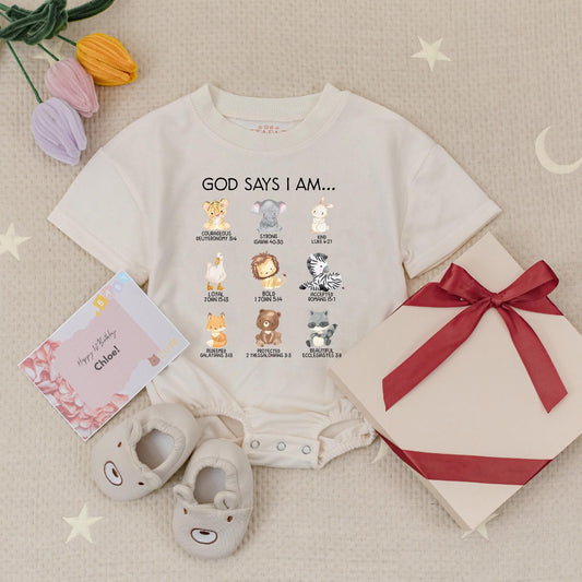 Cute Christian Baby Romper God Says I Am Baby Clothes with Adorable Animal Bible Verses Religious Bodysuit for Baptism Gifts