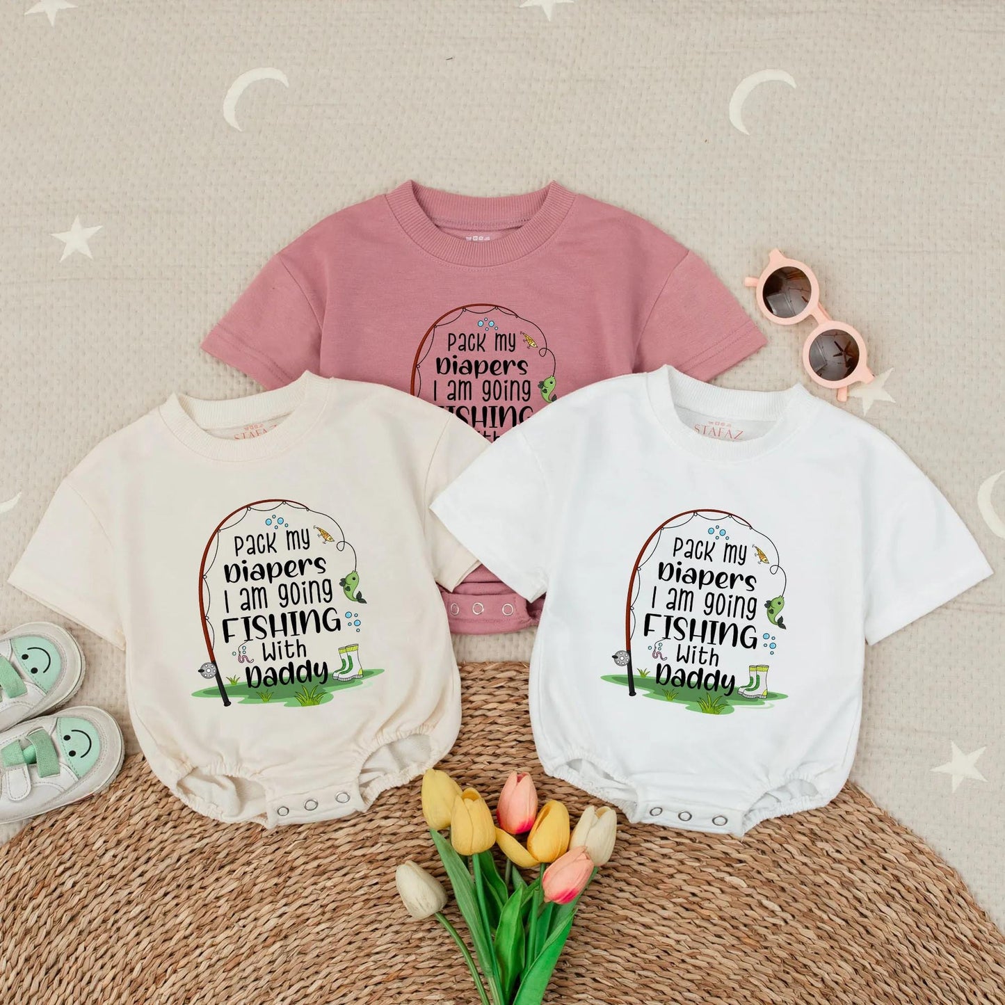 Pack My Diapers I'm Going Fishing With Daddy Baby Boy Romper Short Sleeve Outdoor Celebration Gift