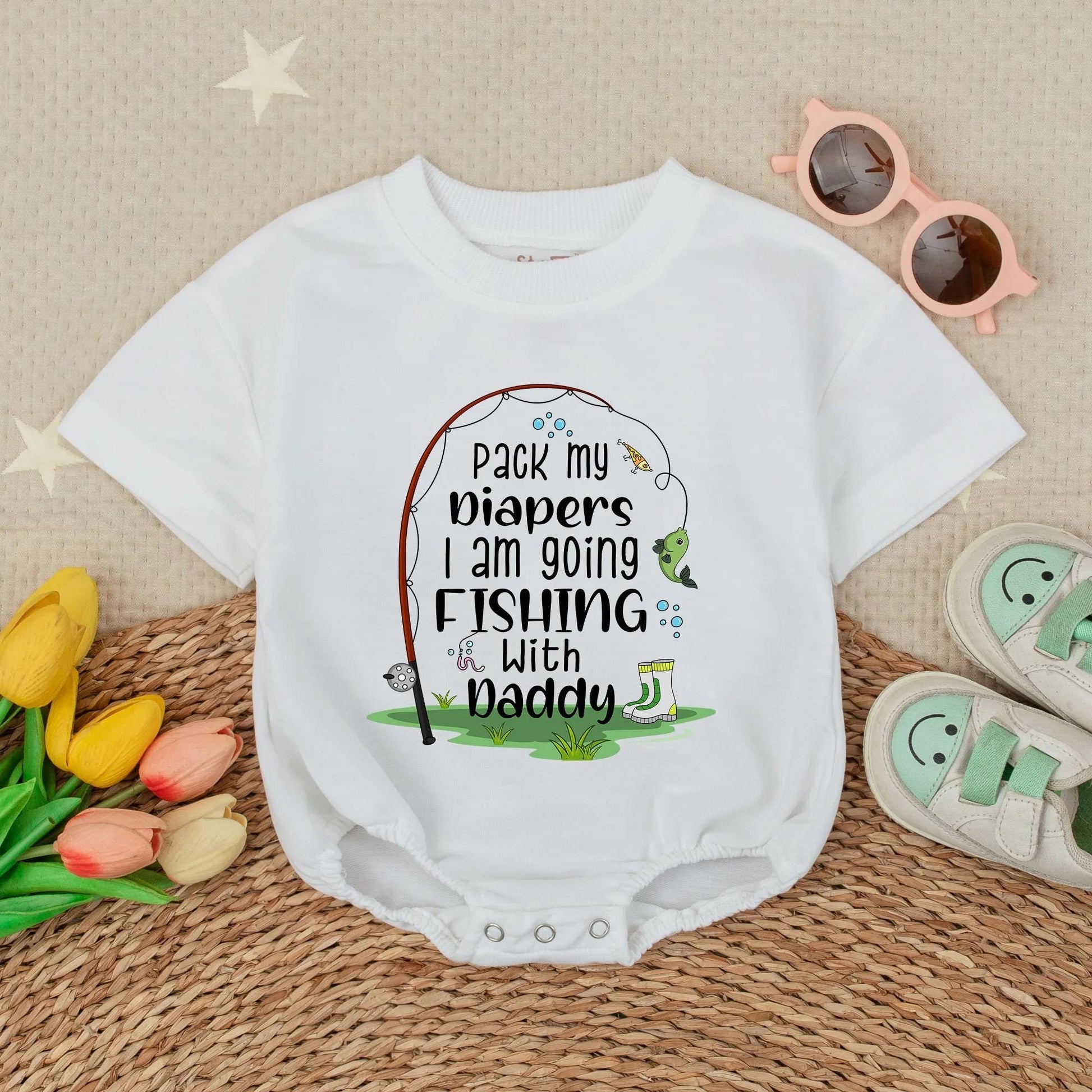Pack My Diapers I'm Going Fishing With Daddy Baby Boy Romper Short Sleeve Outdoor Celebration Gift