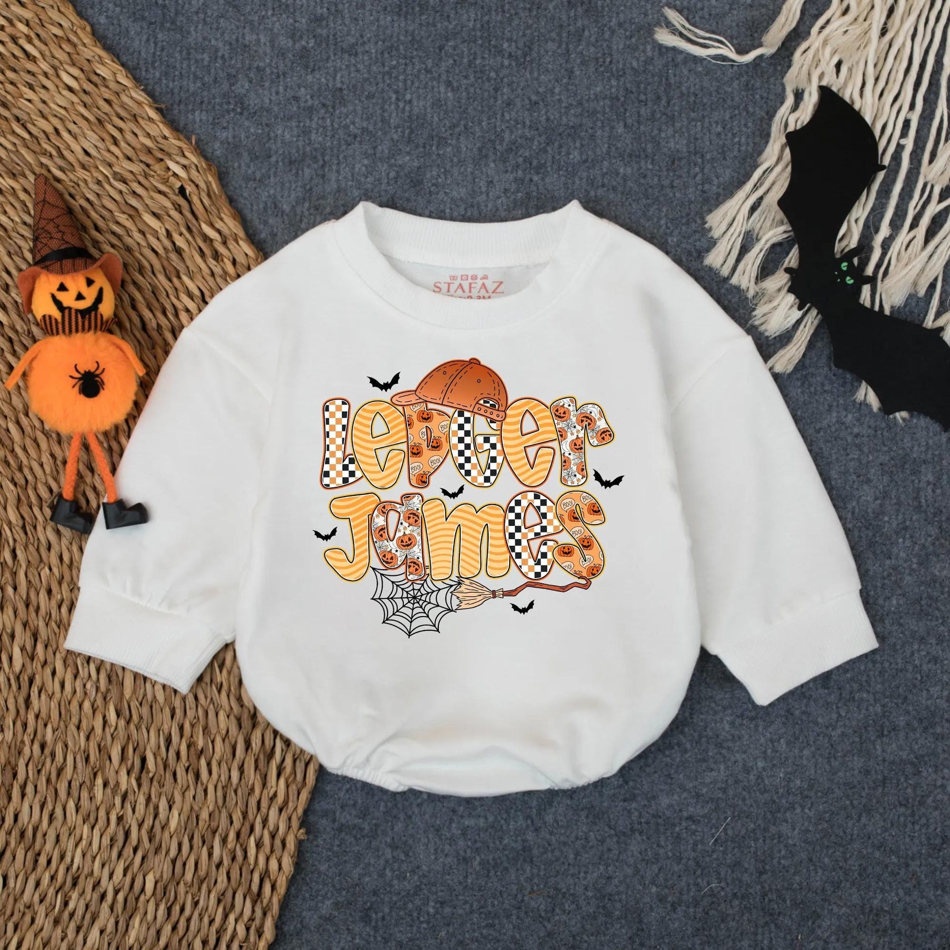 Lever James Halloween Romper: Spooky Fun Outfit with Pumpkin & Bats, Custom Boy Fall Costume, Infant Trick or Treat Bodysuit, Boo Baby Gift (139 chars)