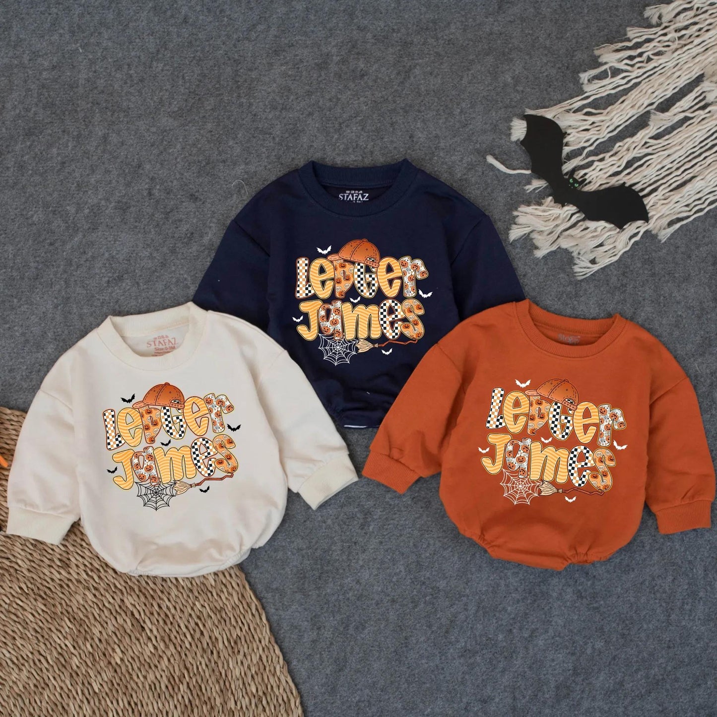 Lever James Halloween Romper: Spooky Fun Outfit with Pumpkin & Bats, Custom Boy Fall Costume, Infant Trick or Treat Bodysuit, Boo Baby Gift (139 chars)