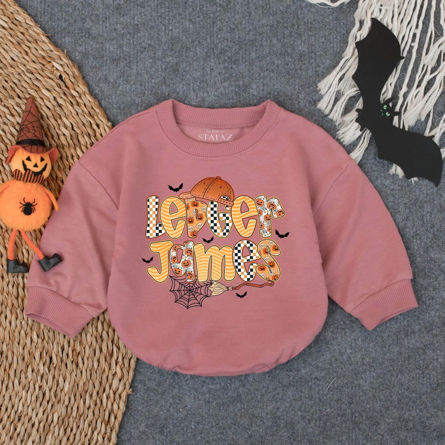 Lever James Halloween Romper: Spooky Fun Outfit with Pumpkin & Bats, Custom Boy Fall Costume, Infant Trick or Treat Bodysuit, Boo Baby Gift (139 chars)