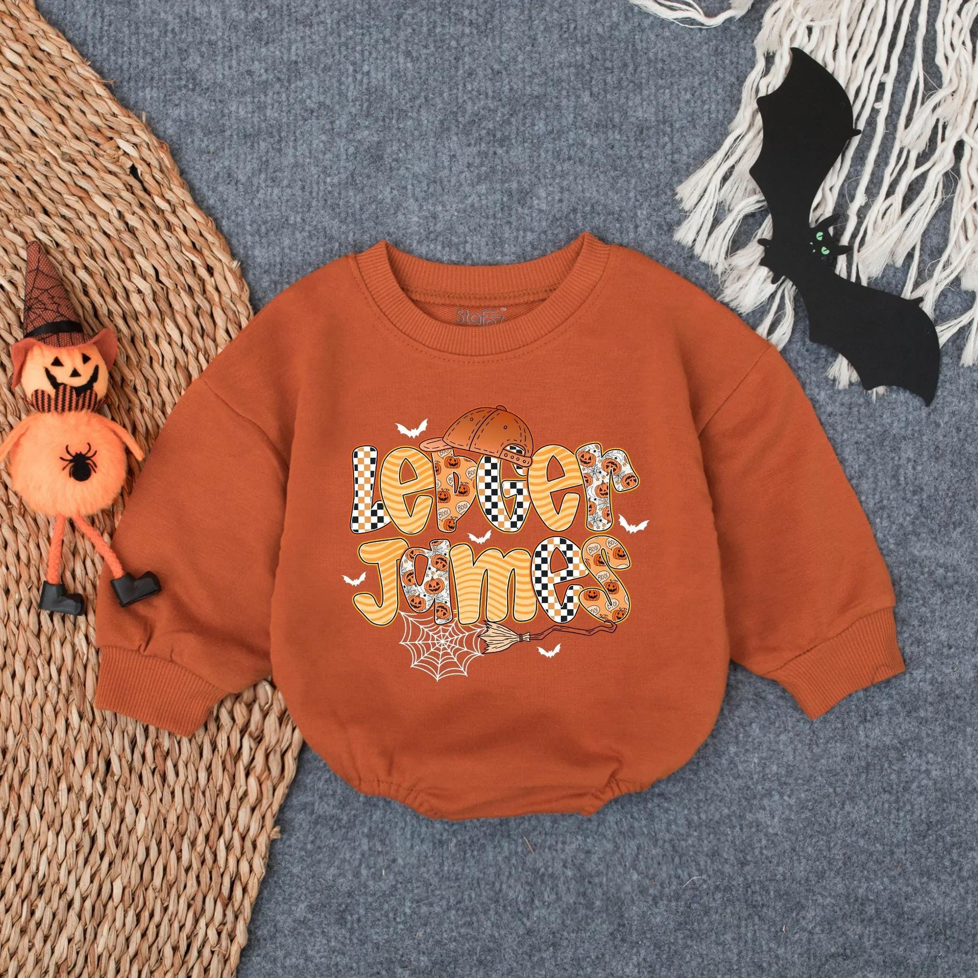 Lever James Halloween Romper: Spooky Fun Outfit with Pumpkin & Bats, Custom Boy Fall Costume, Infant Trick or Treat Bodysuit, Boo Baby Gift (139 chars)