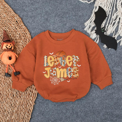 Lever James Halloween Romper: Spooky Fun Outfit with Pumpkin & Bats, Custom Boy Fall Costume, Infant Trick or Treat Bodysuit, Boo Baby Gift (139 chars)