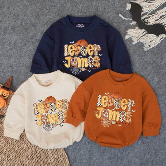 Lever James Halloween Romper: Spooky Fun Outfit with Pumpkin & Bats, Custom Boy Fall Costume, Infant Trick or Treat Bodysuit, Boo Baby Gift (139 chars)