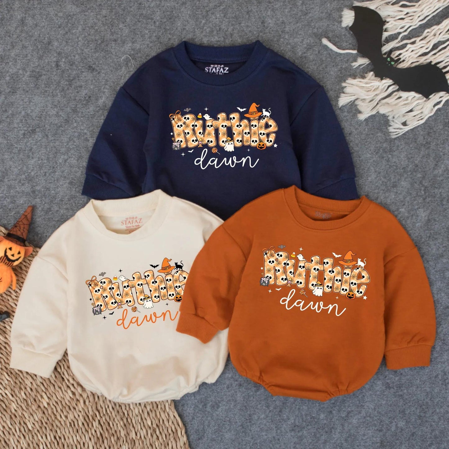 Personalized Whimsical Halloween Ruthie & dawn Baby Girl Bubble Romper Spooky Season Infant Trick or Treat Toddler Outfit with Cute Skull Bat Pumpkin Graphics