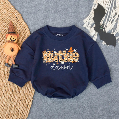 Personalized Whimsical Halloween Ruthie & dawn Baby Girl Bubble Romper Spooky Season Infant Trick or Treat Toddler Outfit with Cute Skull Bat Pumpkin Graphics
