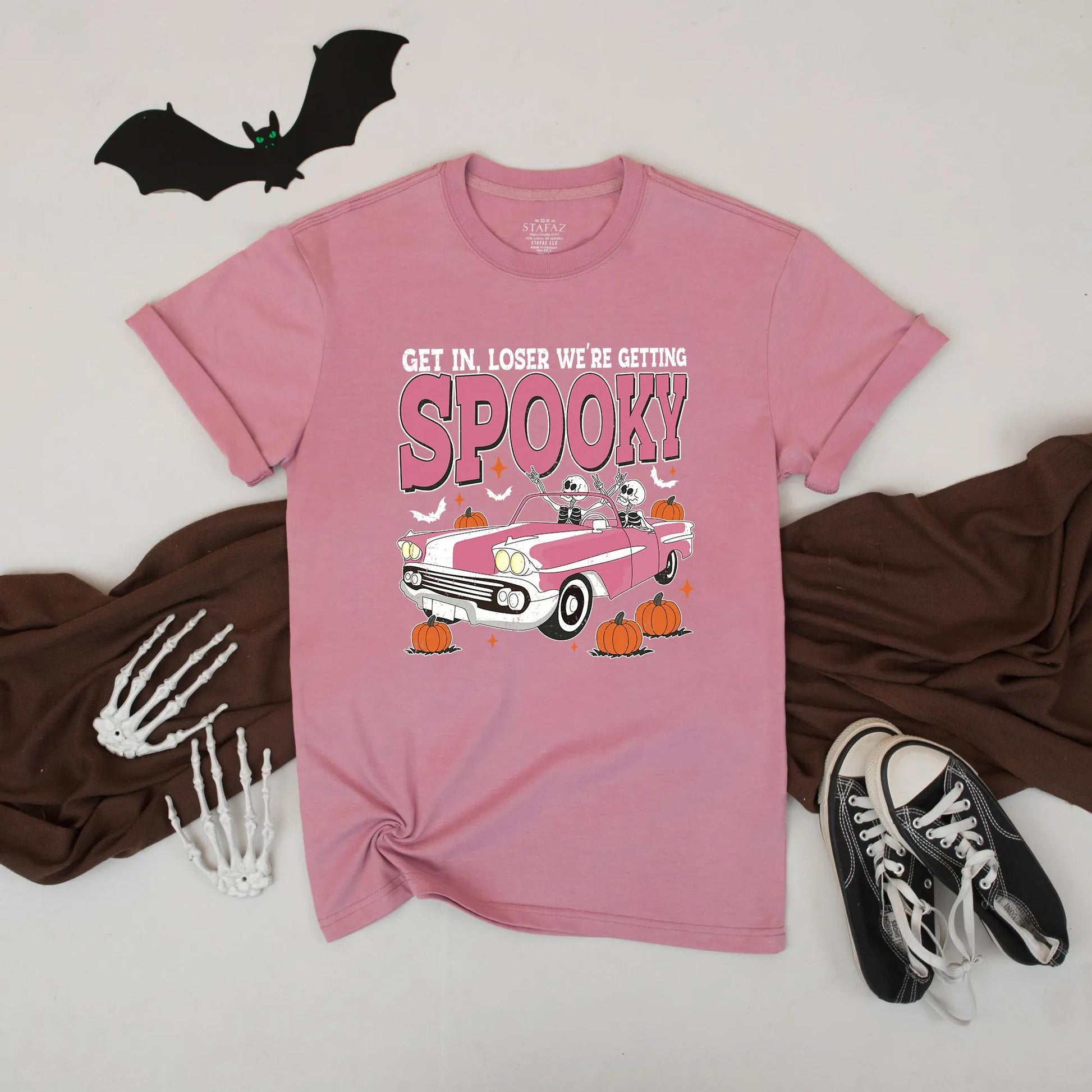 Get In, Loser We're Getting Spooky Pink Retro Halloween Car Shirt, Spooky Couple Tee, Fall Party Outfit