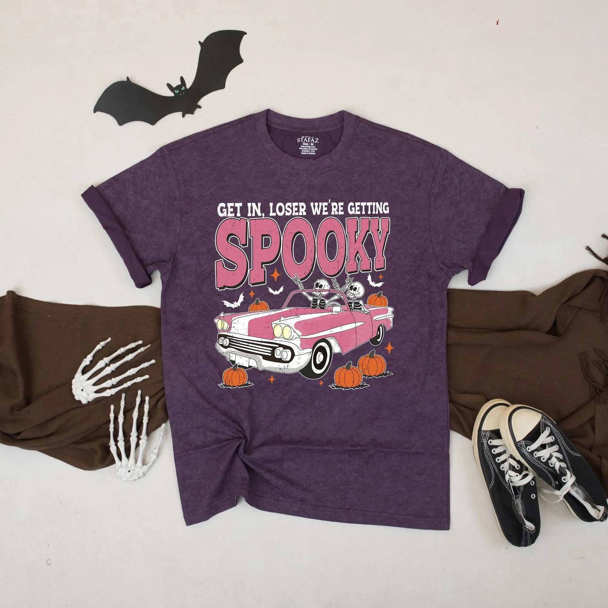 Get In, Loser We're Getting Spooky Pink Retro Halloween Car Shirt, Spooky Couple Tee, Fall Party Outfit