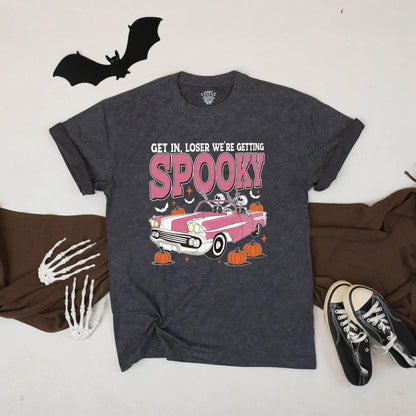 Get In, Loser We're Getting Spooky Pink Retro Halloween Car Shirt, Spooky Couple Tee, Fall Party Outfit