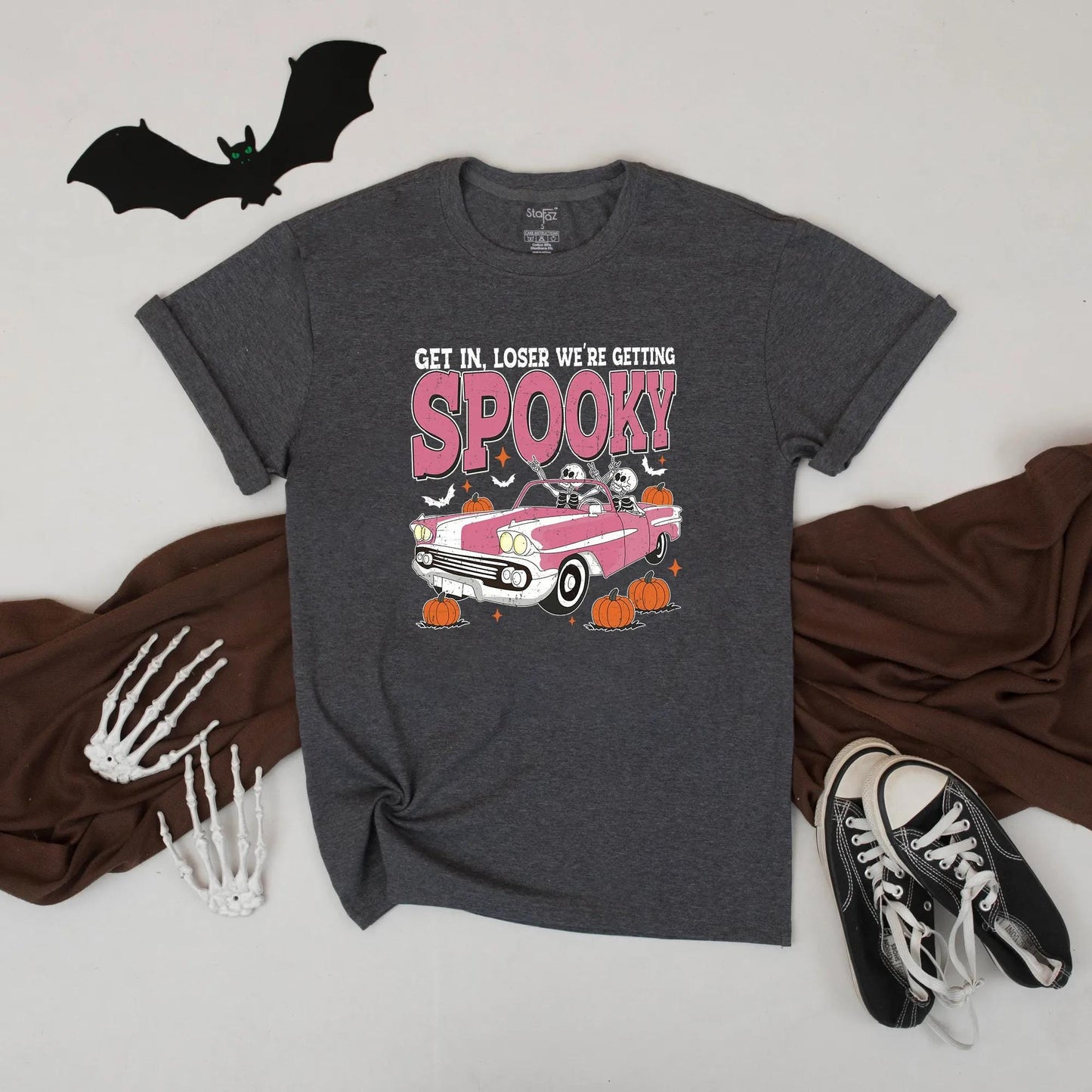 Get In, Loser We're Getting Spooky Pink Retro Halloween Car Shirt, Spooky Couple Tee, Fall Party Outfit