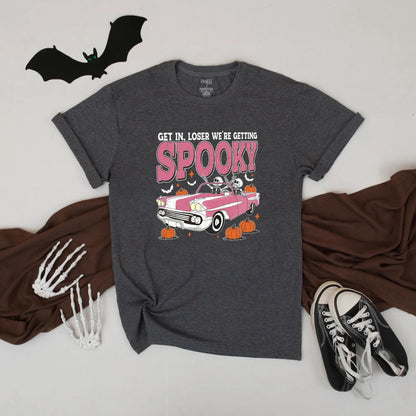 Get In, Loser We're Getting Spooky Pink Retro Halloween Car Shirt, Spooky Couple Tee, Fall Party Outfit